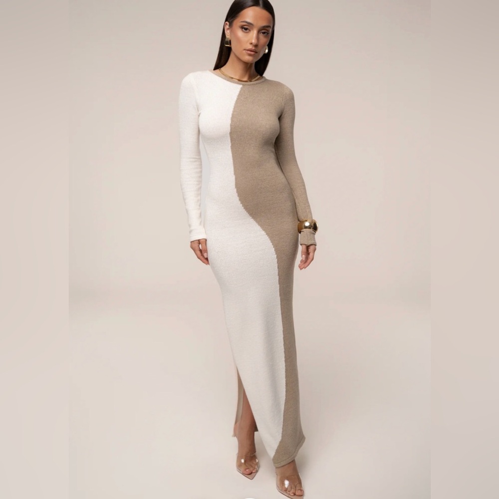 NEW!!! JLUXLABEL White and Taupe Long Sleeve Maxi Dress - Picture 3 of 5